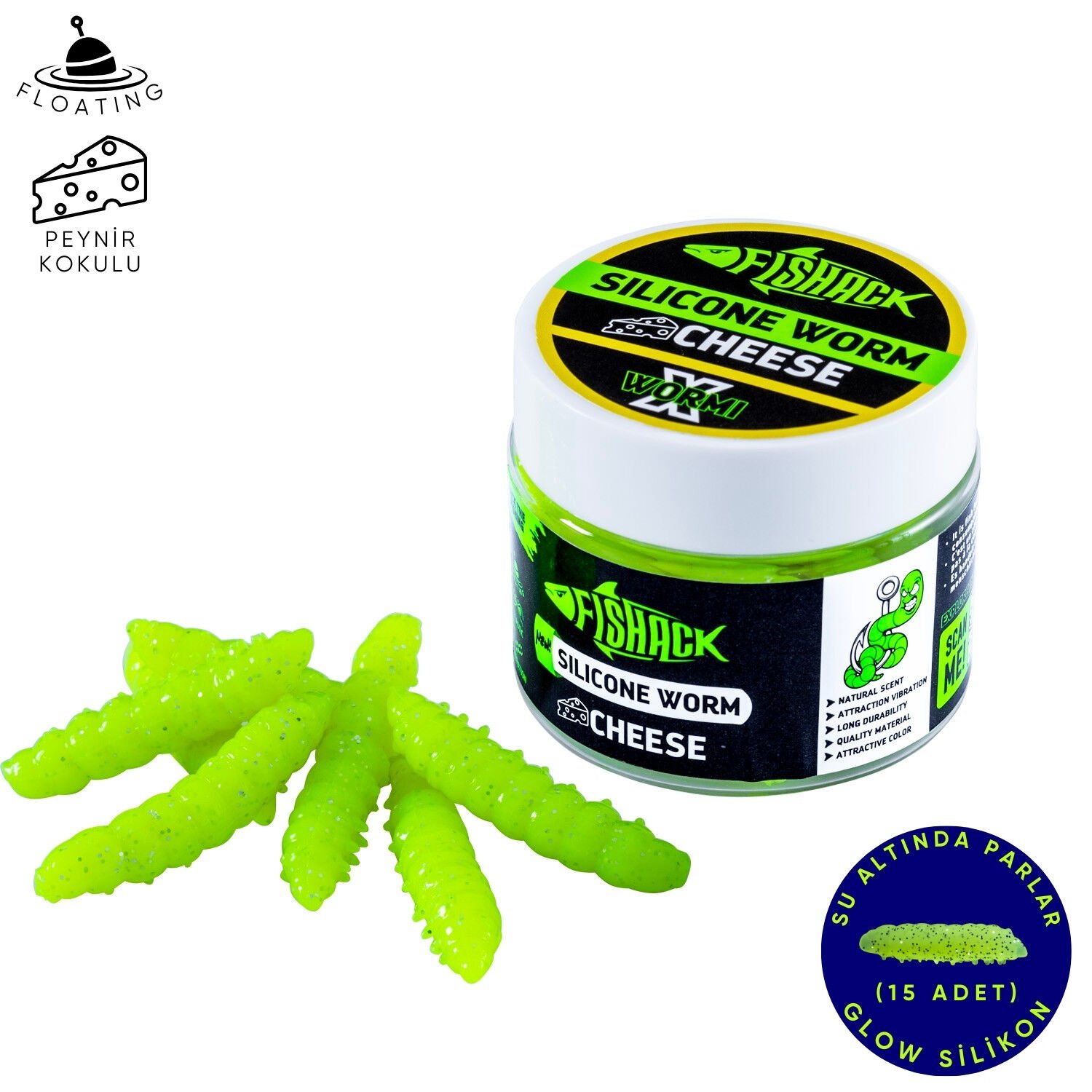 Yüzen Silikon Kurt - Glow Alabalık Yemi - 37mm - Peynir Kokulu - Fosfor Yeşili