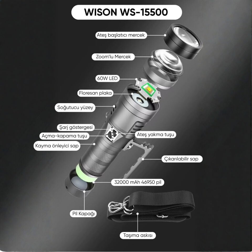 Şarj Edilebilir El Feneri - Wison - 13000 Lümen - 130 Watt (WS-15500)