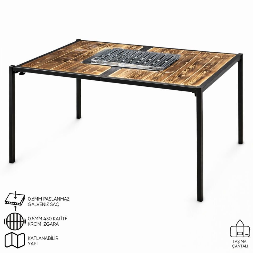 Katlanabilir Mangal Masa - Krom Izgaralı - 100cm*70cm*65cm