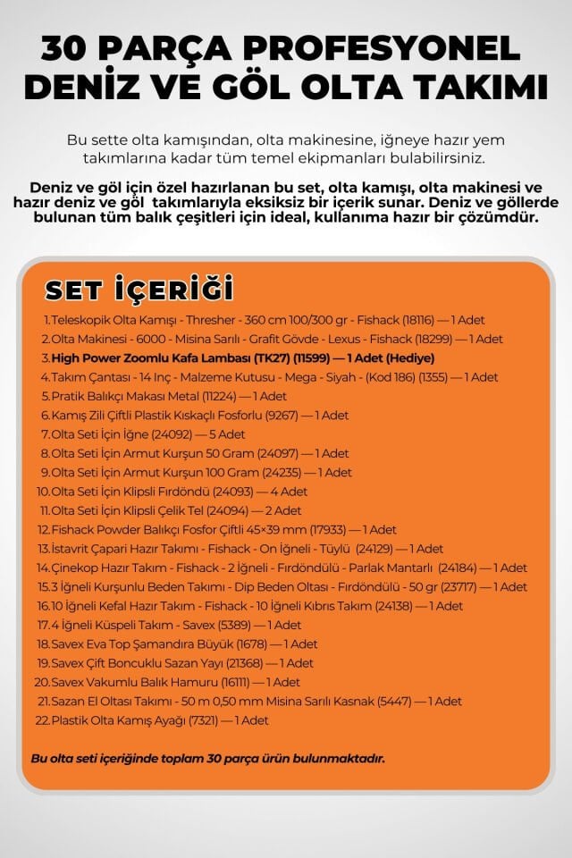 30 Parça Deniz ve Göl Profesyonel Olta Takımı Seti - 360cm Kamış 100-300GR