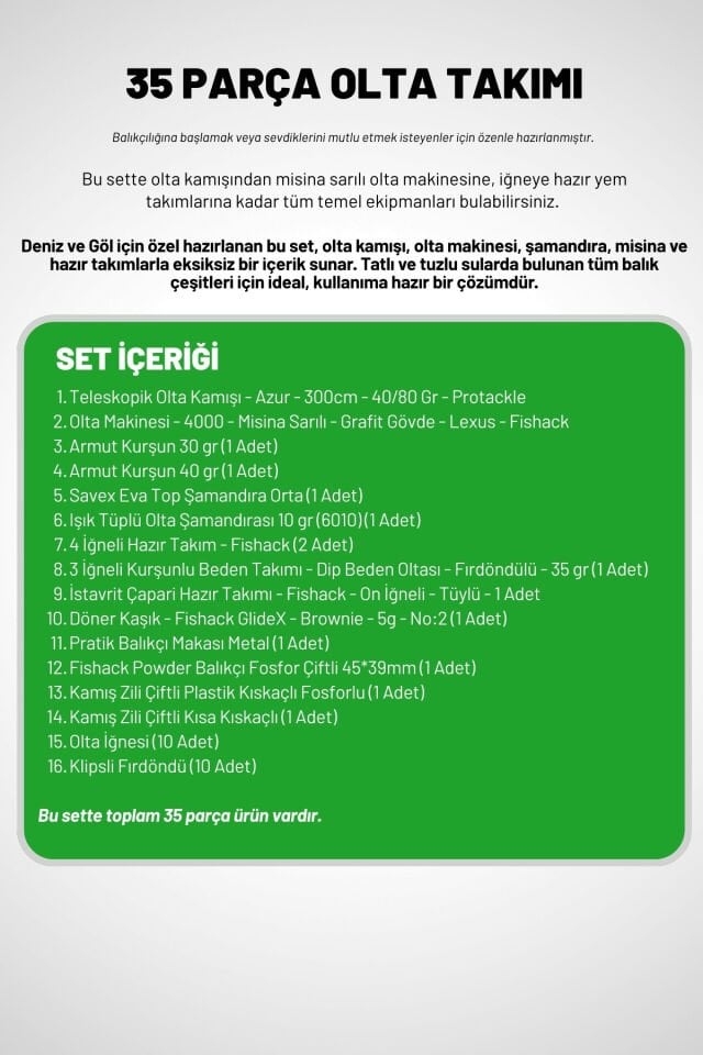 35 Parça Tam Takım Olta Seti - 300cm Kamış 40-80GR / 40'lık Makine (Gren)