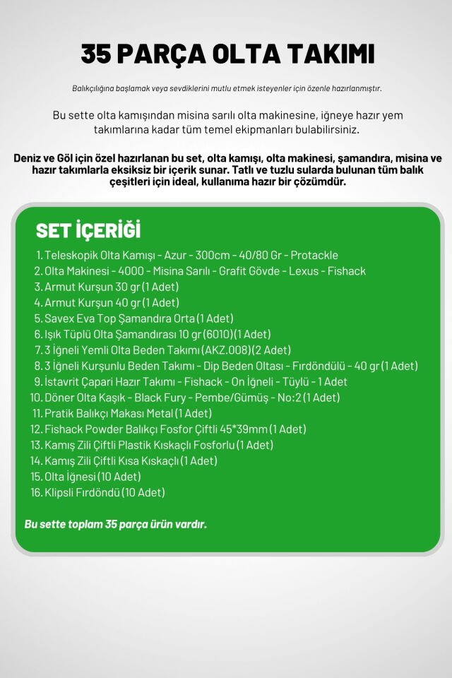 35 Parça Tam Takım Olta Seti - 300cm Kamış 40-80GR / 40'lık Makine (Gren)