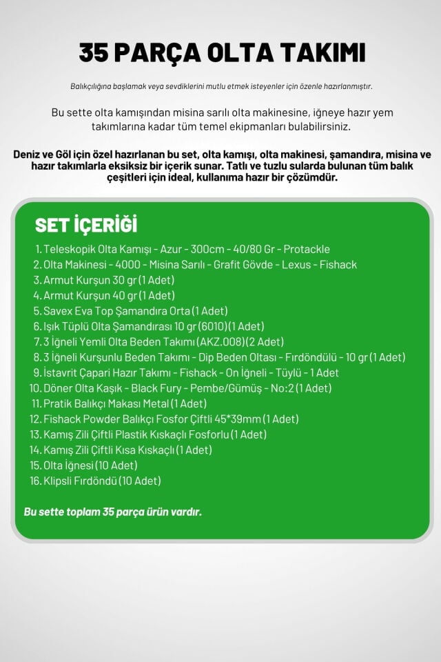 35 Parça Tam Takım Olta Seti - 300cm Kamış 40-80GR / 40'lık Makine (Gren)