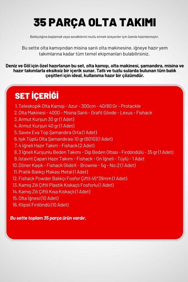 35 Parça Tam Takım Olta Seti - 300cm Kamış 40-80GR / 40'lık Makine (Red)