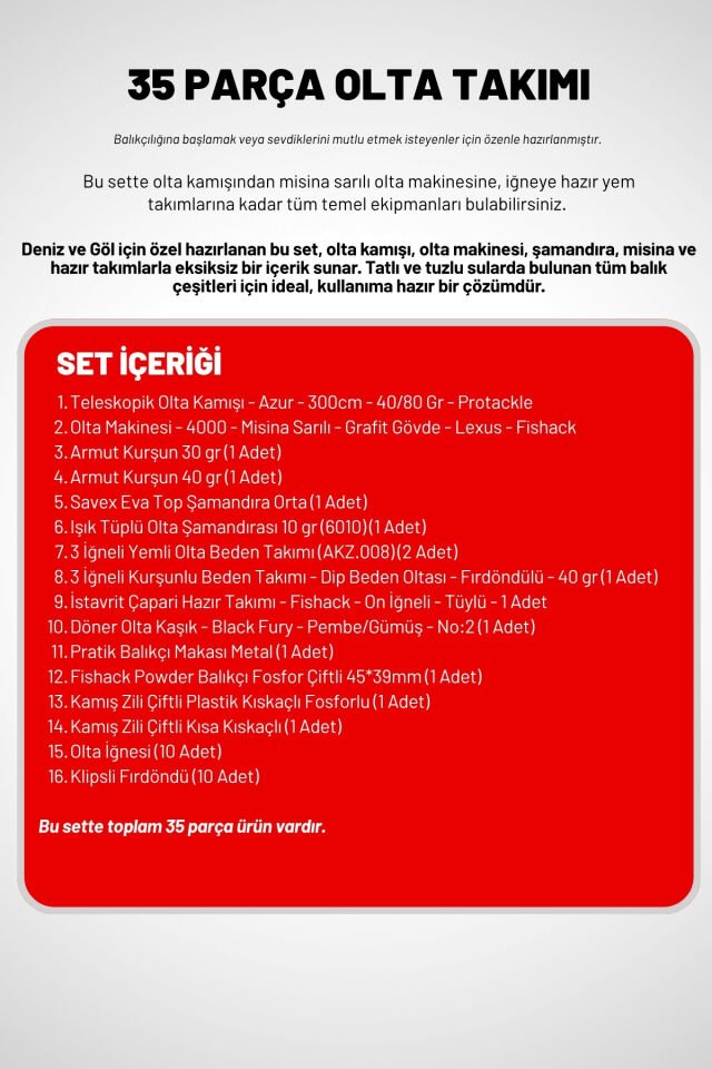 35 Parça Tam Takım Olta Seti - 300cm Kamış 40-80GR / 40'lık Makine (Red)