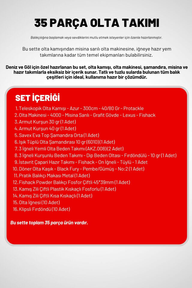 35 Parça Tam Takım Olta Seti - 300cm Kamış 40-80GR / 40'lık Makine (Red)