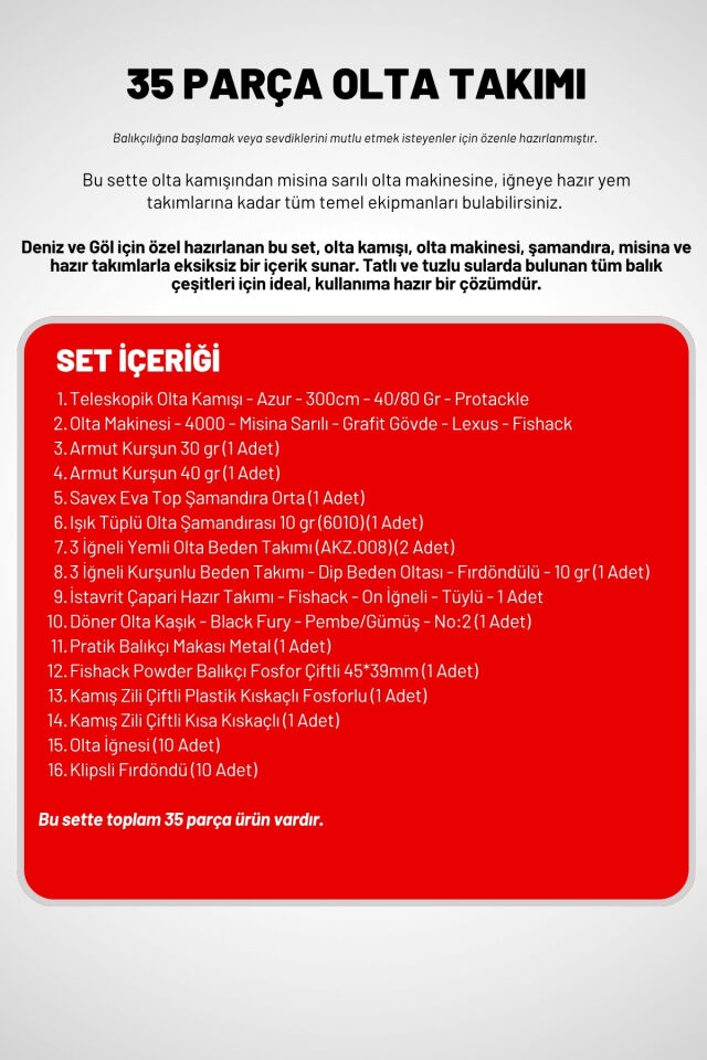 35 Parça Tam Takım Olta Seti - 300cm Kamış 40-80GR / 40'lık Makine (Red)