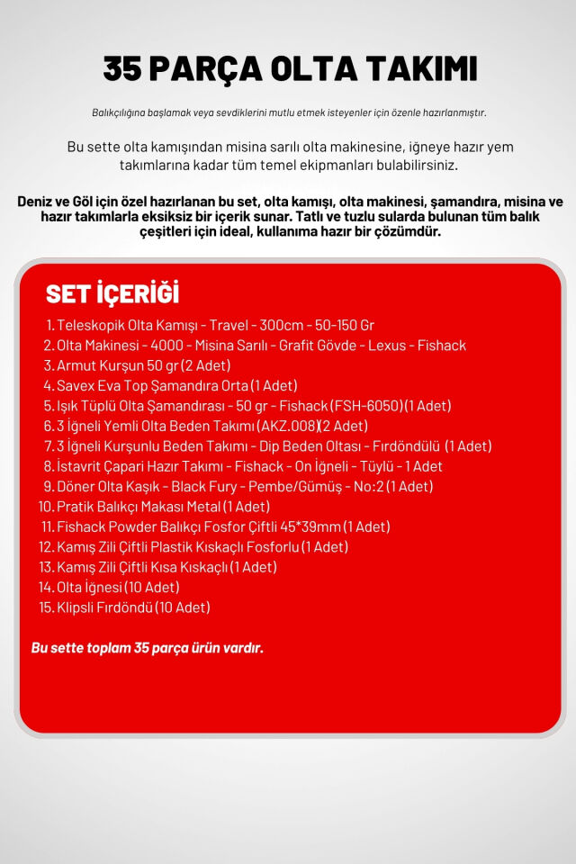 35 Parça Tam Takım Olta Seti - 300cm Kamış 50-150GR / 40'lık Makine (Red)