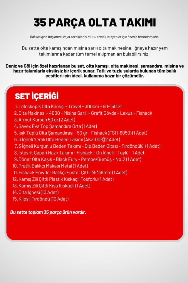 35 Parça Tam Takım Olta Seti - 300cm Kamış 50-150GR / 50'lik Makine (Red)