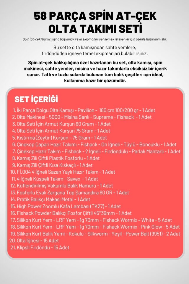 58 Parça Spin, Tekne, Kıyı Olta Takımı Seti - 180cm Krm 100-200G - 50'lik Makine