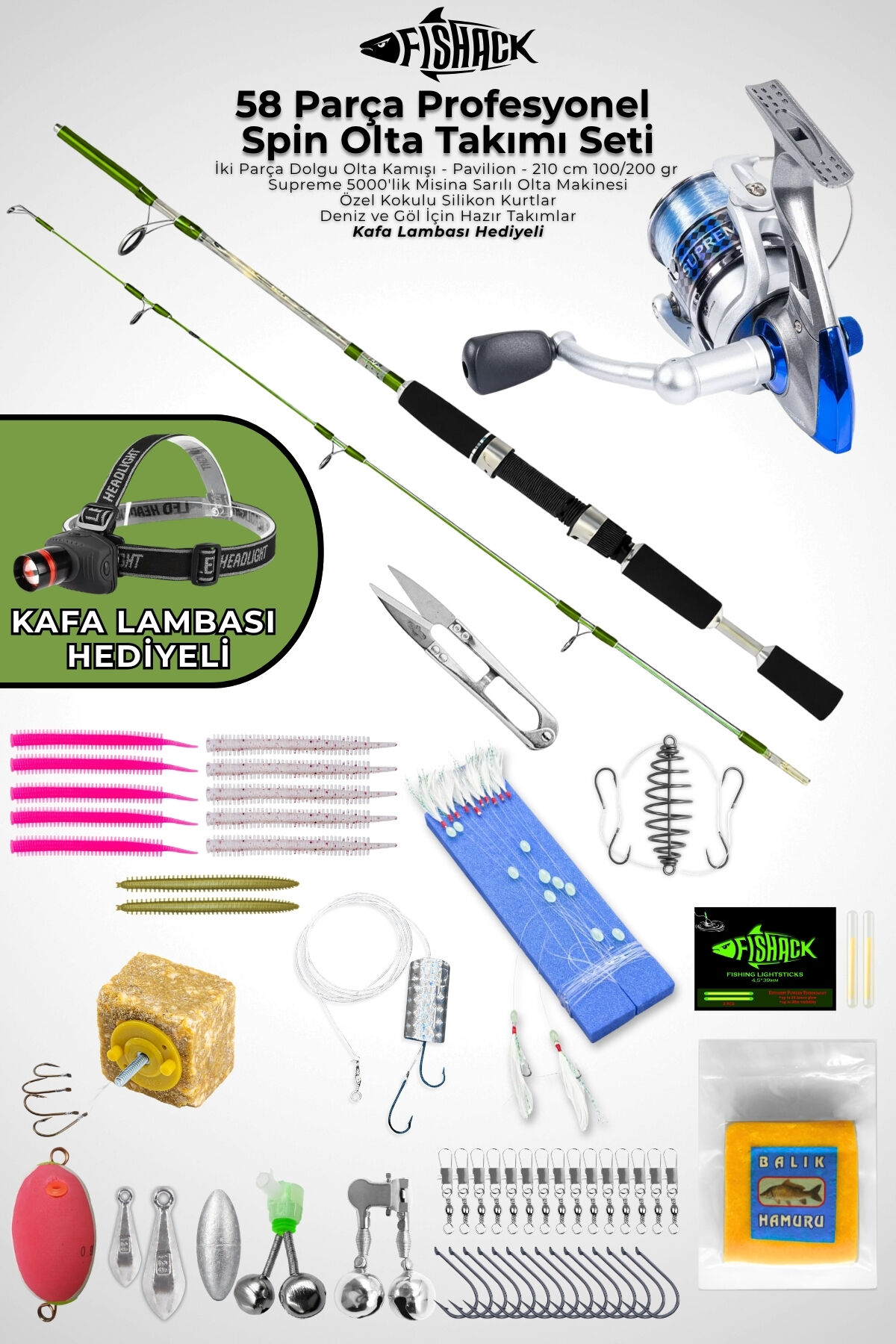 58 Parça Spin, Tekne, Kıyı Olta Takımı Seti - 210cm Yşl 100-200G - 50'lik Makine
