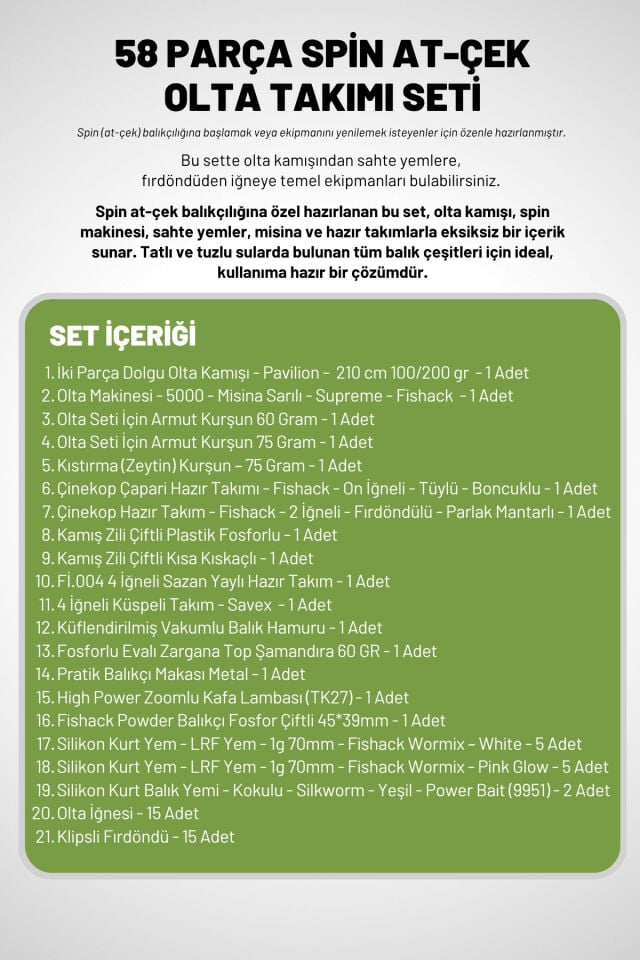 58 Parça Spin, Tekne, Kıyı Olta Takımı Seti - 210cm Yşl 100-200G - 50'lik Makine
