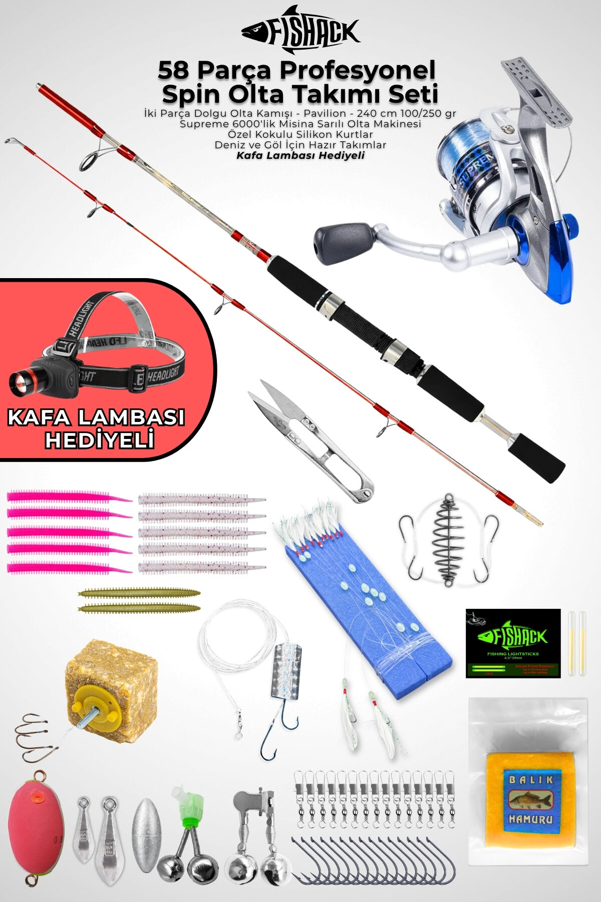 58 Parça Spin, Tekne, Kıyı Olta Takımı Seti - 240cm Krm 100-250G - 60'lık Makine