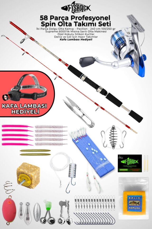 58 Parça Spin, Tekne, Kıyı Olta Takımı Seti - 240cm Krm 100-250G - 60'lık Makine