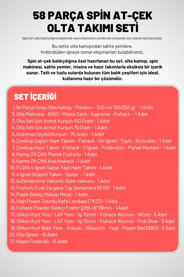 58 Parça Spin, Tekne, Kıyı Olta Takımı Seti - 240cm Krm 100-250G - 60'lık Makine