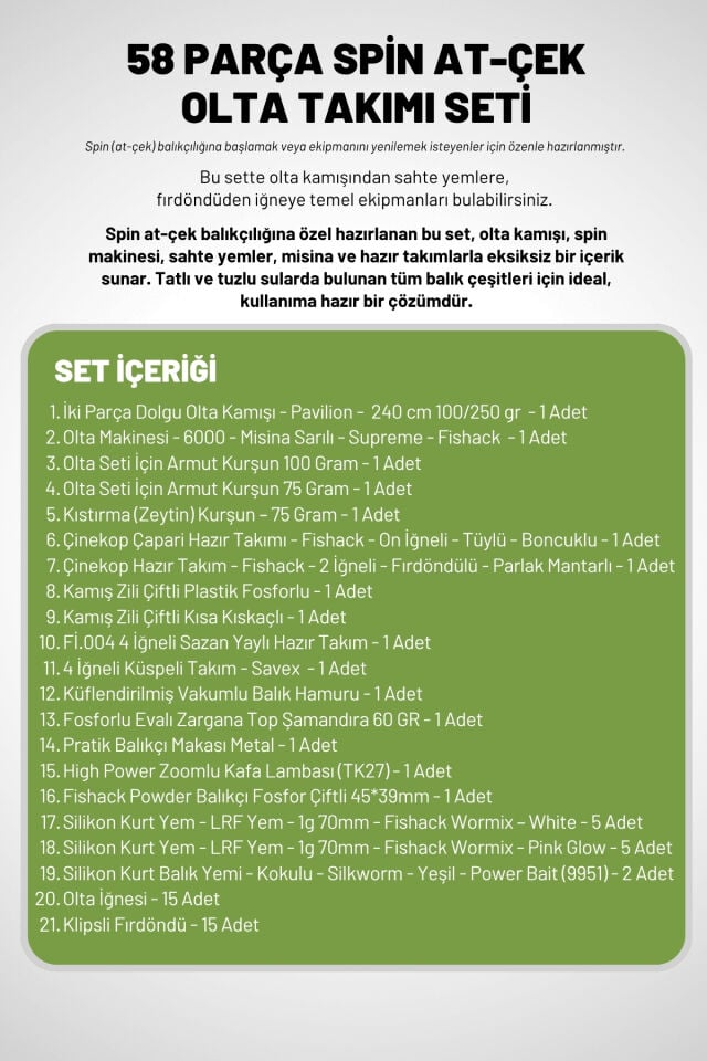 58 Parça Spin, Tekne, Kıyı Olta Takımı Seti - 240cm Yşl 100-250G - 60'lık Makine
