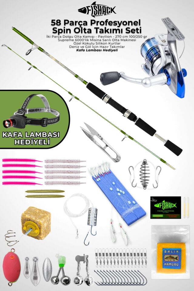 58 Parça Spin, Tekne, Kıyı Olta Takımı Seti - 270cm Yşl 100-250G - 60'lık Makine
