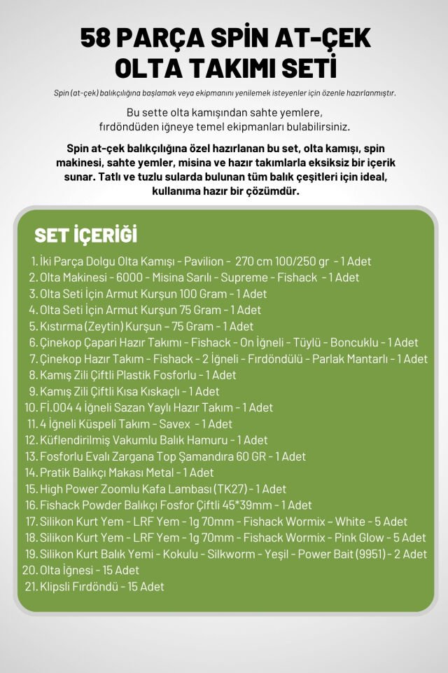 58 Parça Spin, Tekne, Kıyı Olta Takımı Seti - 270cm Yşl 100-250G - 60'lık Makine