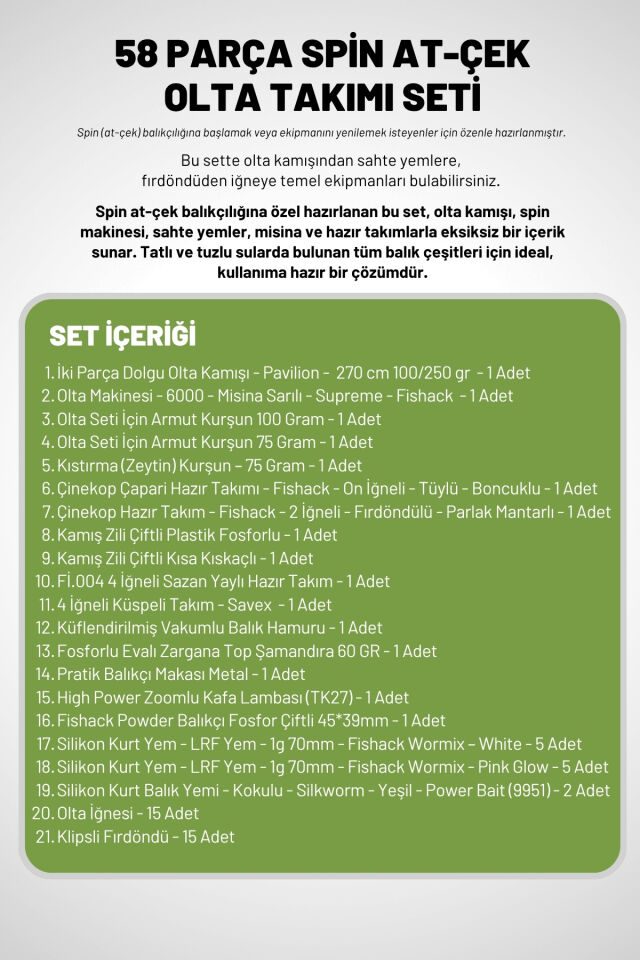 58 Parça Spin, Tekne, Kıyı Olta Takımı Seti - 270cm Yşl 100-250G - 60'lık Makine