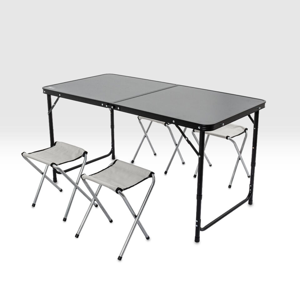 Katlanabilir Kamp Masası Seti - 4/6 Kişilik - 4 Tabureli - Elevate Plus - Siyah