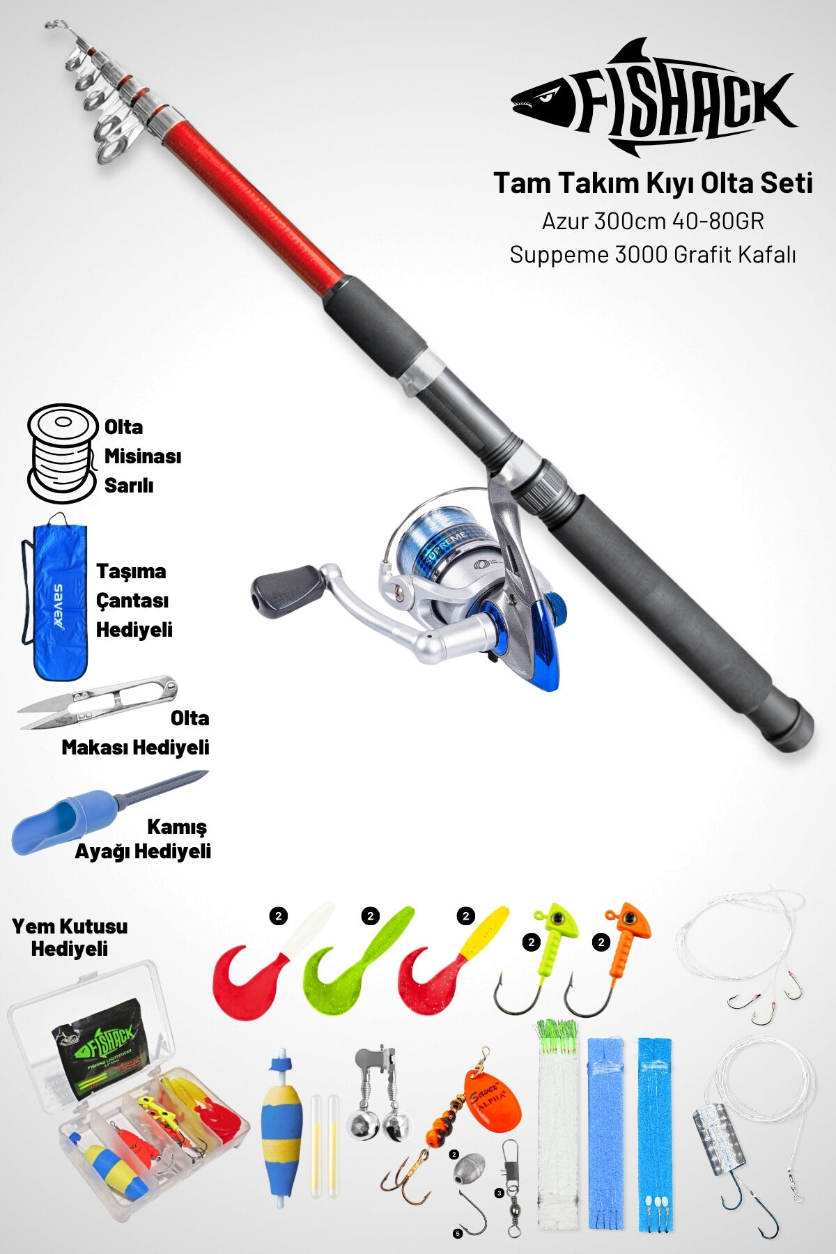 Tam Takım Kıyı Olta Seti - 300 cm Kamış 40-80GR / 5000'lik Supreme Olta Makinesi