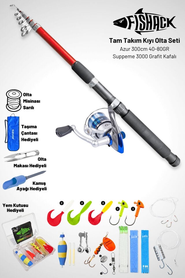Tam Takım Kıyı Olta Seti - 300 cm Kamış 40-80GR / 3000'lik Supreme Olta Makinesi