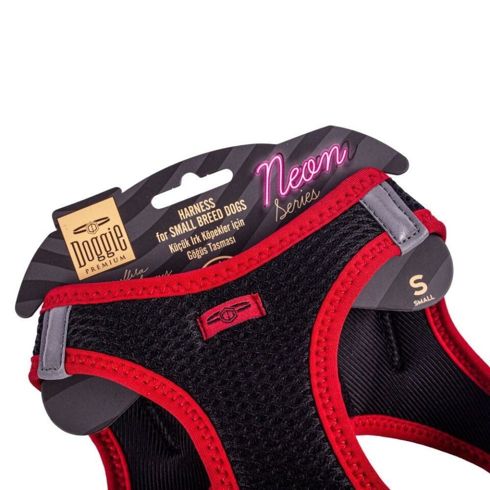 Doggie Havalı Dokuma Neon Küçük Irk Göğüs Tasması Kırmızı 32-38 cm (ANG-S)