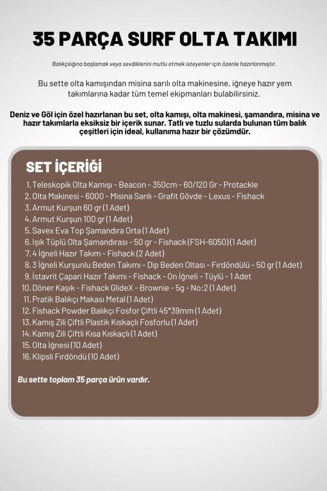 Deniz Ve Göl Surf Olta Takımı Seti 350cm Kamış 60/120gr / 60'lık Makine (Kahve)