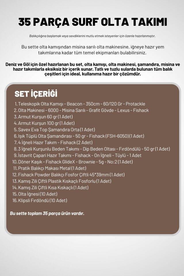 Deniz Ve Göl Surf Olta Takımı Seti 350cm Kamış 60/120gr / 60'lık Makine (Kahve)