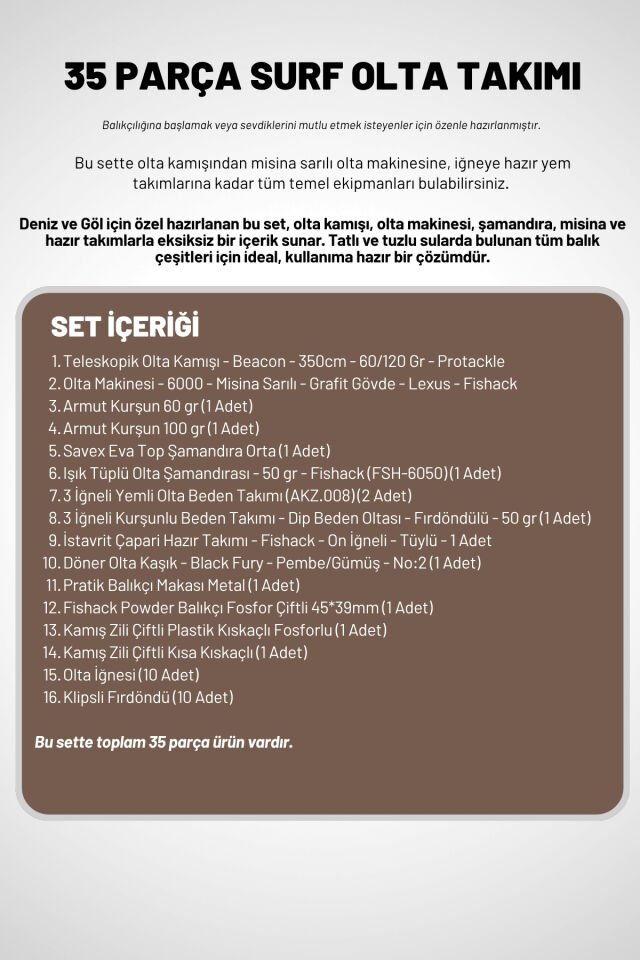Deniz Ve Göl Surf Olta Takımı Seti 350cm Kamış 60/120gr / 60'lık Makine (Kahve)