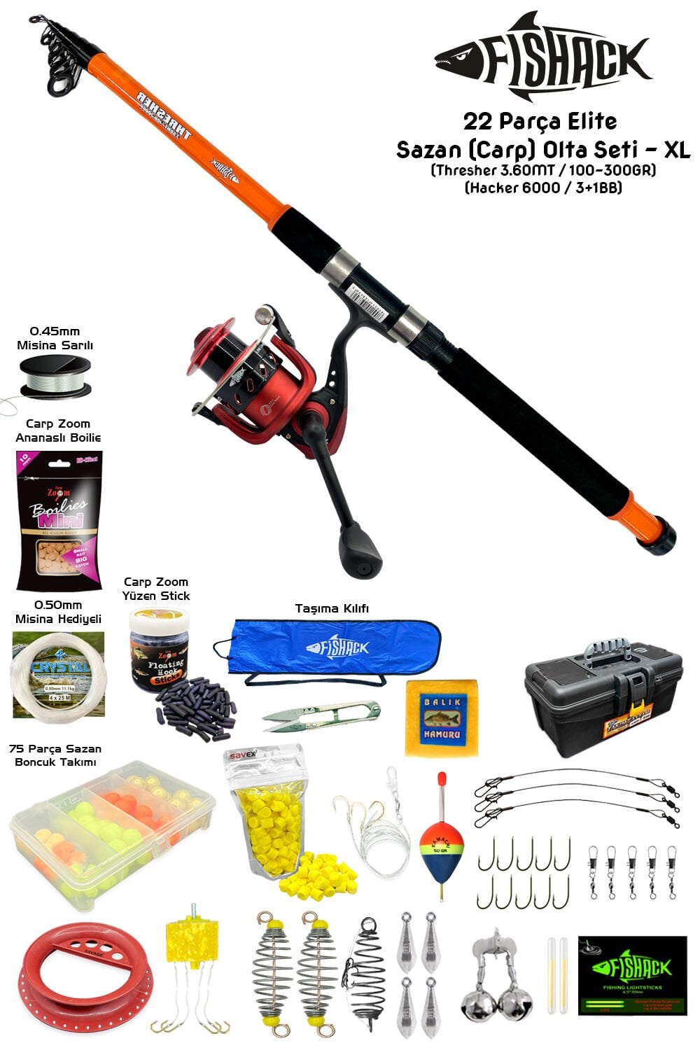 Fishack 23 Parça Elite Sazan (Carp) Olta Seti XL - 3.60MT / 100-300GR