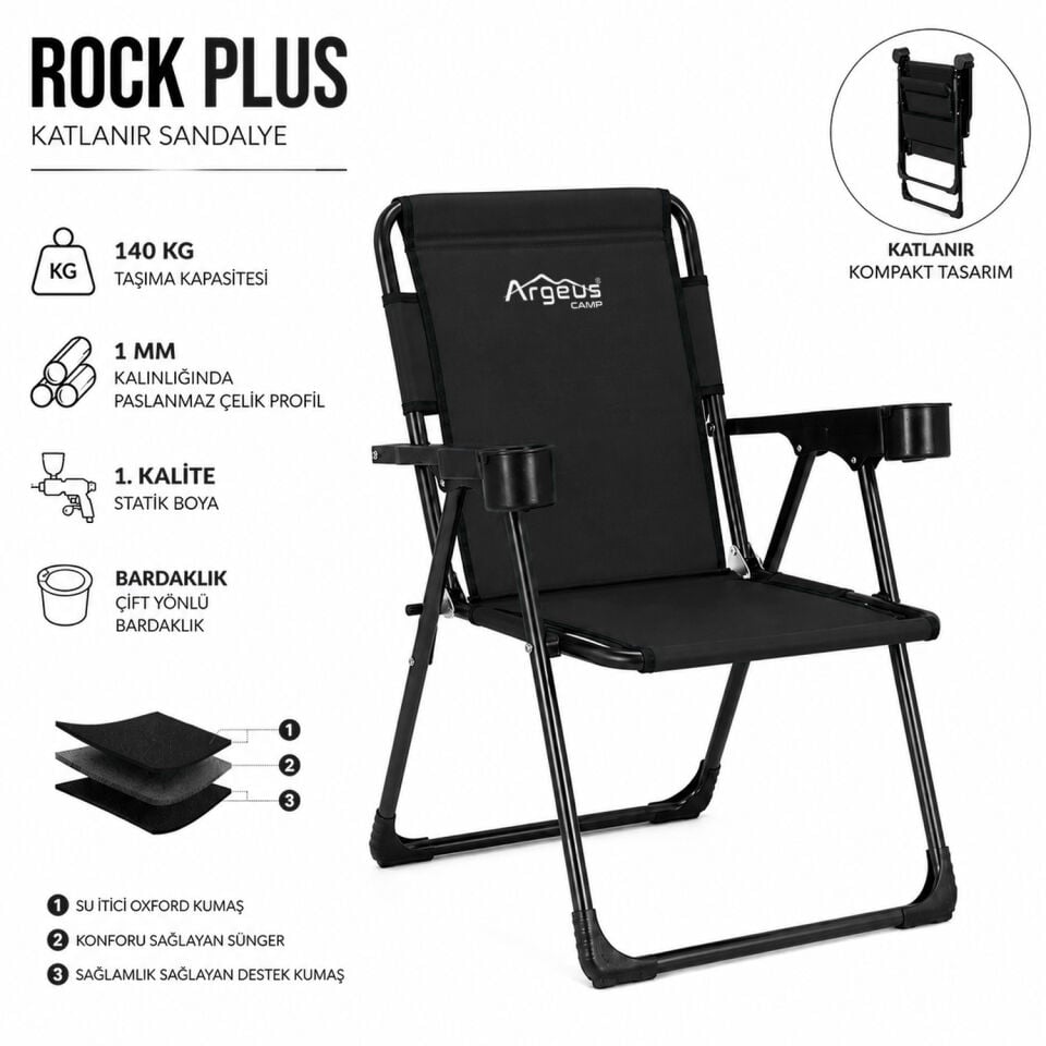 Katlanır Piknik ve Kamp Sandalyesi - Bardaklıklı - Rock Plus - Siyah