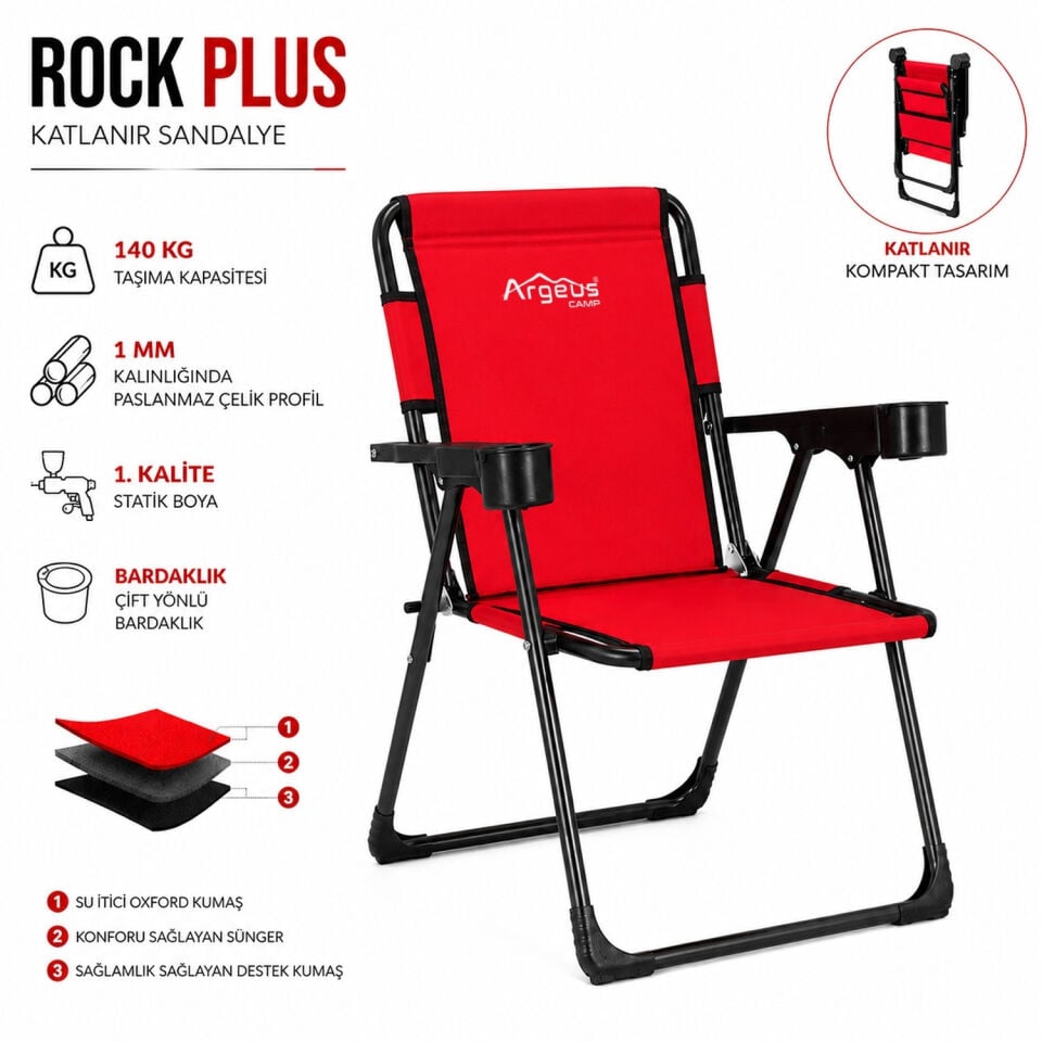 2 Adet Katlanır Kamp Sandalyesi ve Ahşap Masa Seti - Rock Plus - Kırmızı