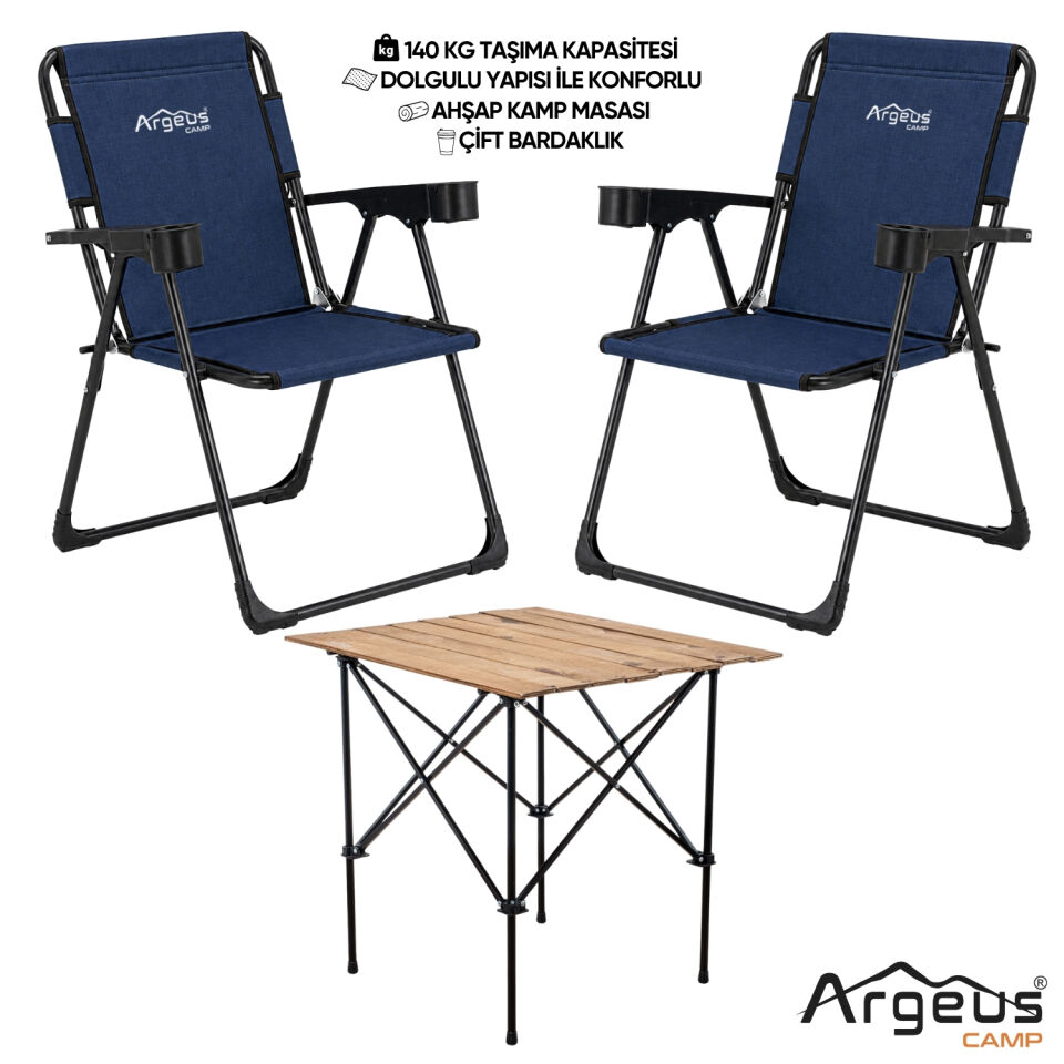 2 Adet Katlanır Kamp Sandalyesi ve Ahşap Masa Seti - Rock Plus - Linen Lacivert