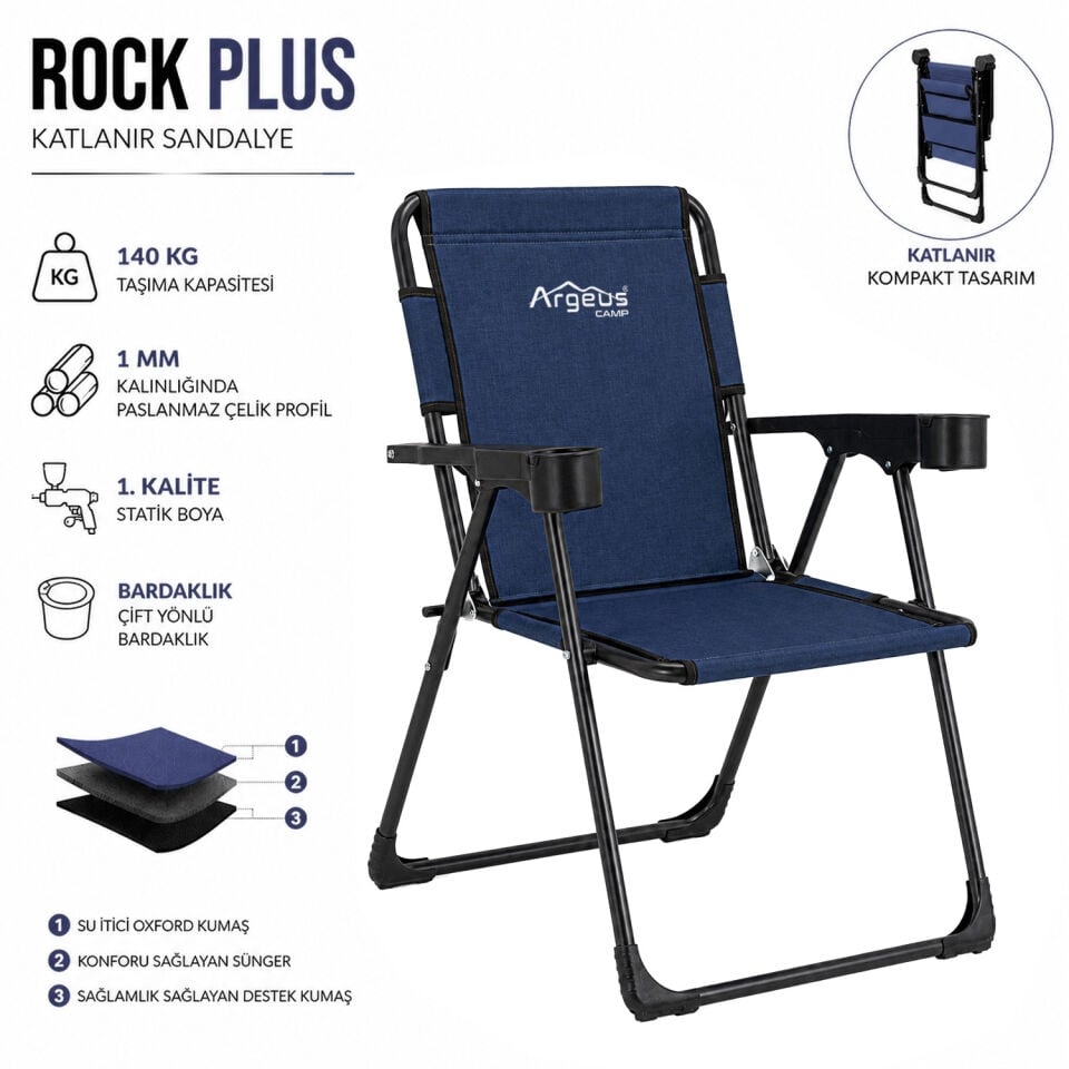 2 Adet Katlanır Kamp Sandalyesi ve Ahşap Masa Seti - Rock Plus - Linen Lacivert