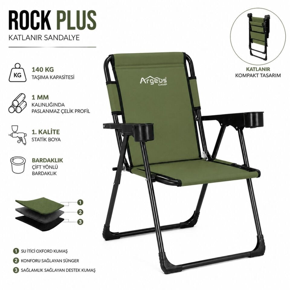 4 Adet Katlanır Kamp Sandalyesi Seti - Rock Plus - Haki