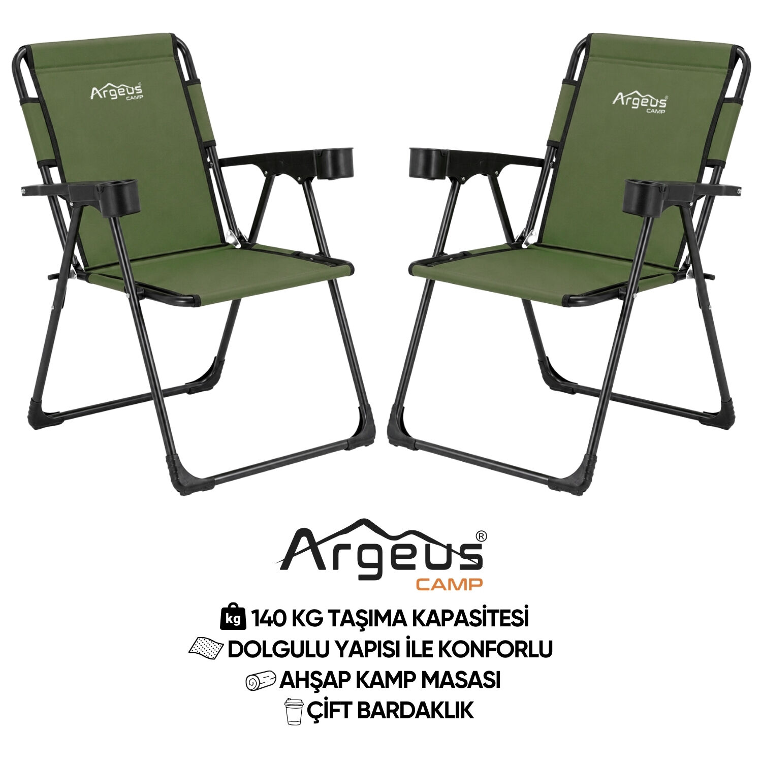2 Adet Katlanır Kamp Sandalyesi Seti - Rock Plus - Haki