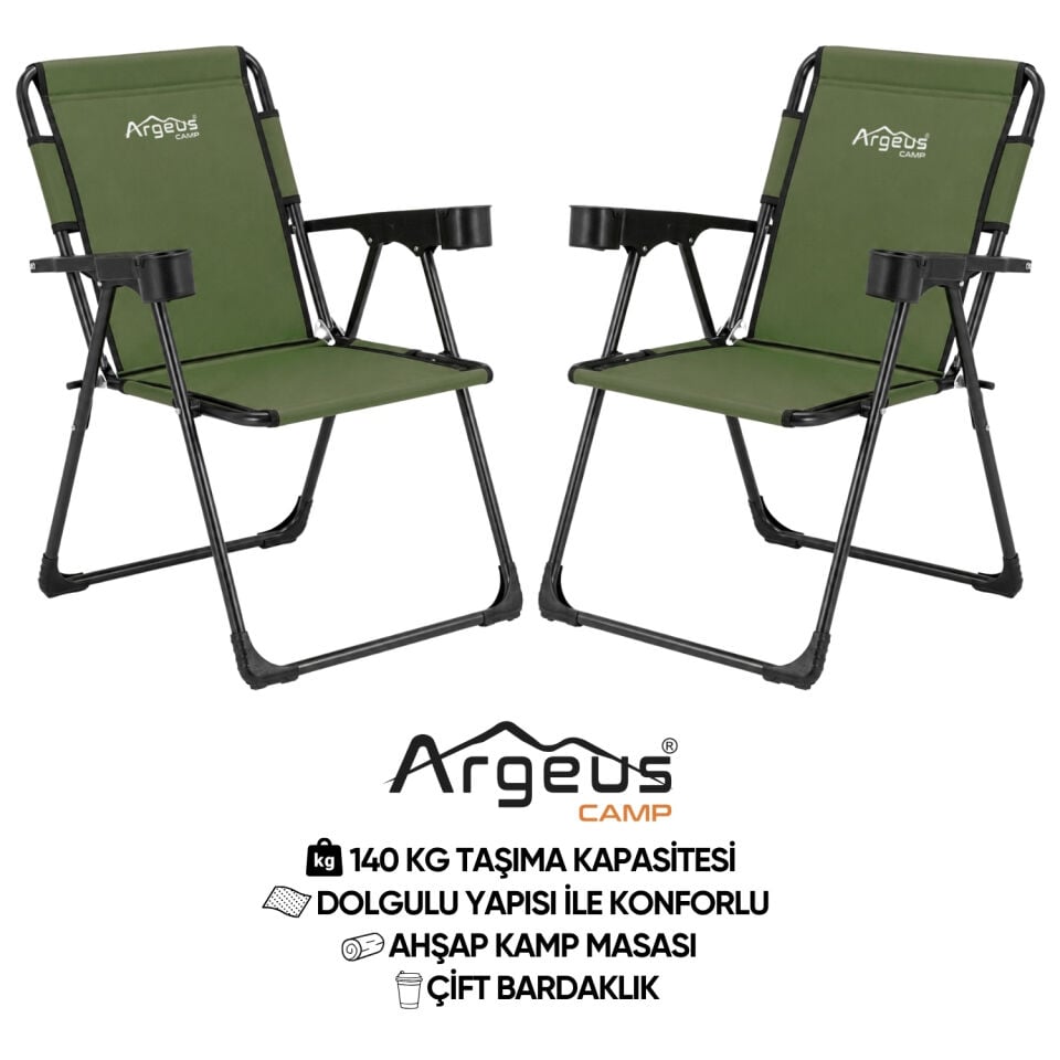 2 Adet Katlanır Kamp Sandalyesi Seti - Rock Plus - Haki