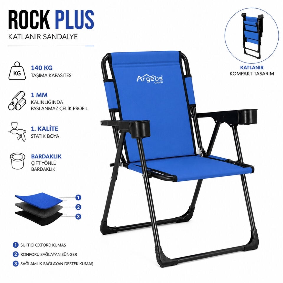 2 Adet Katlanır Kamp Sandalyesi Seti - Rock Plus - Mavi