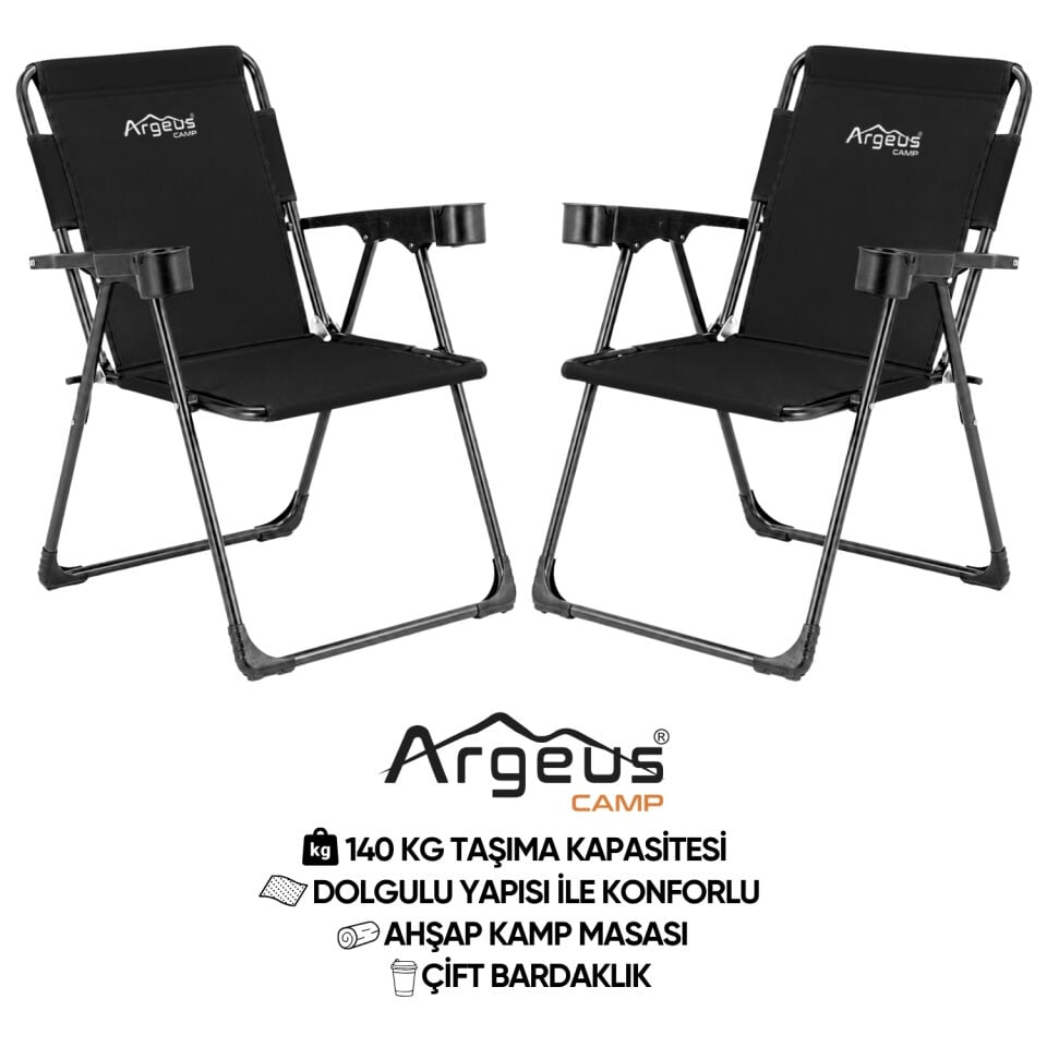 2 Adet Katlanır Kamp Sandalyesi Seti - Rock Plus - Siyah
