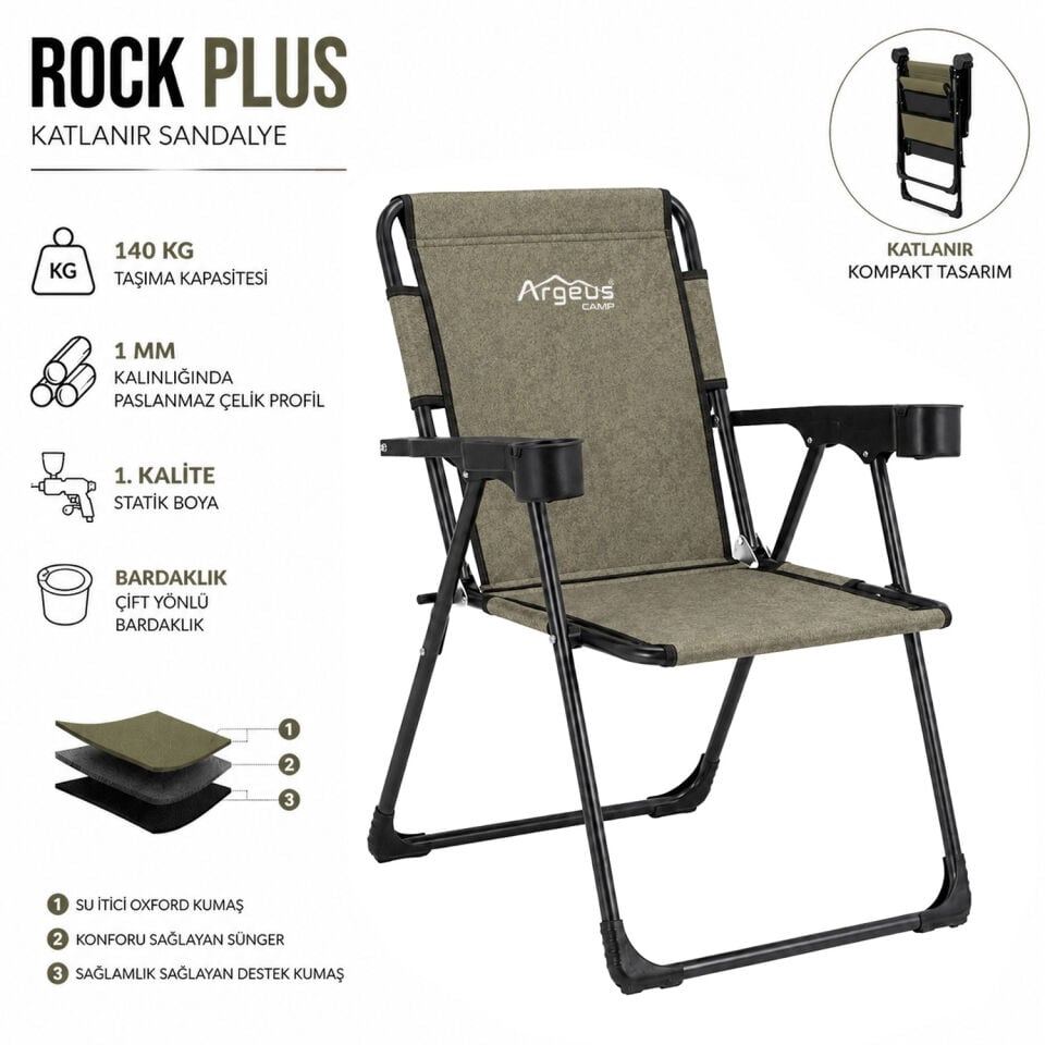2 Adet Katlanır Kamp Sandalyesi Seti - Rock Plus - Gusto Haki