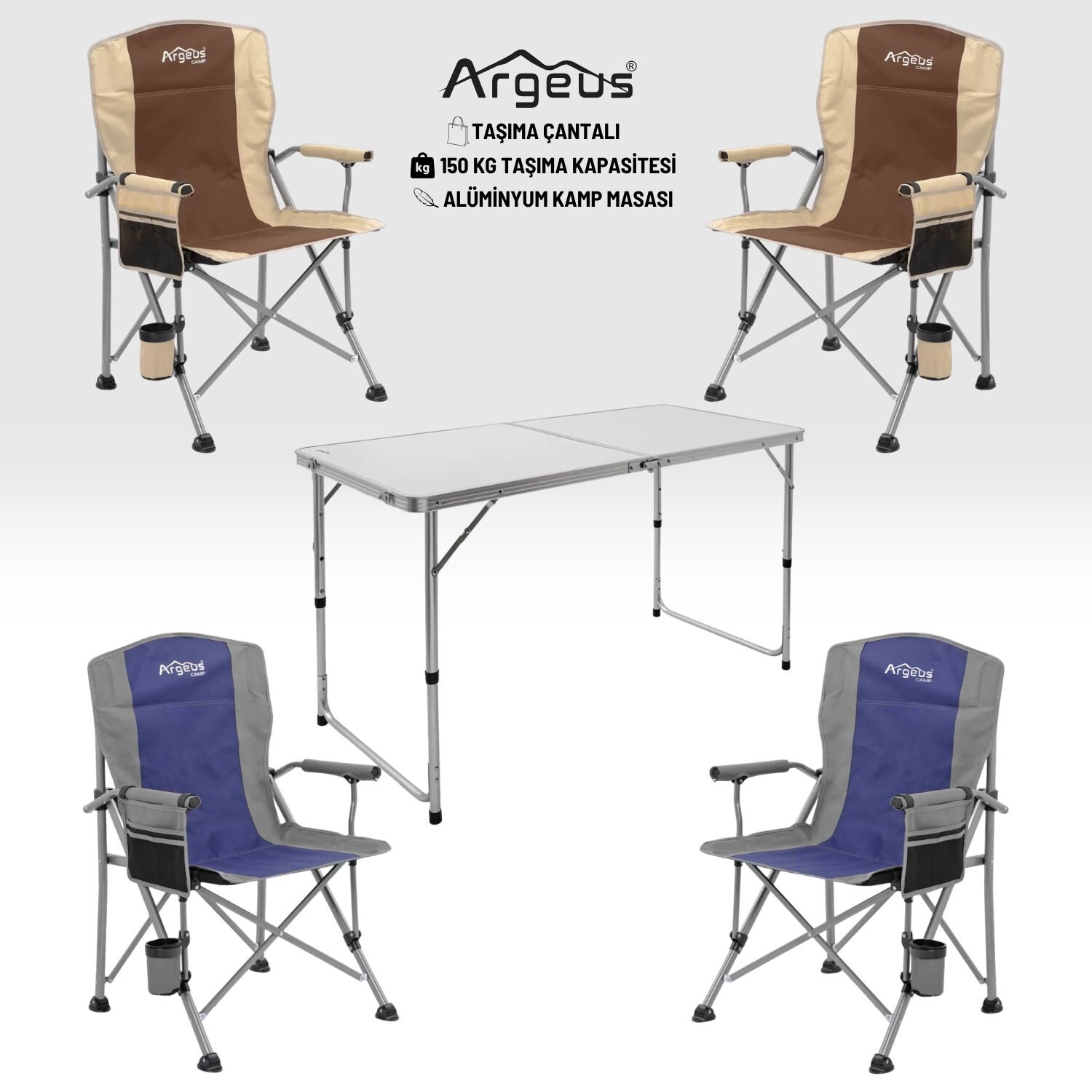 4 Adet Katlanır Kamp Sandalyesi ve Alüminyum Masa Seti - Rustic - Elevate Beyaz