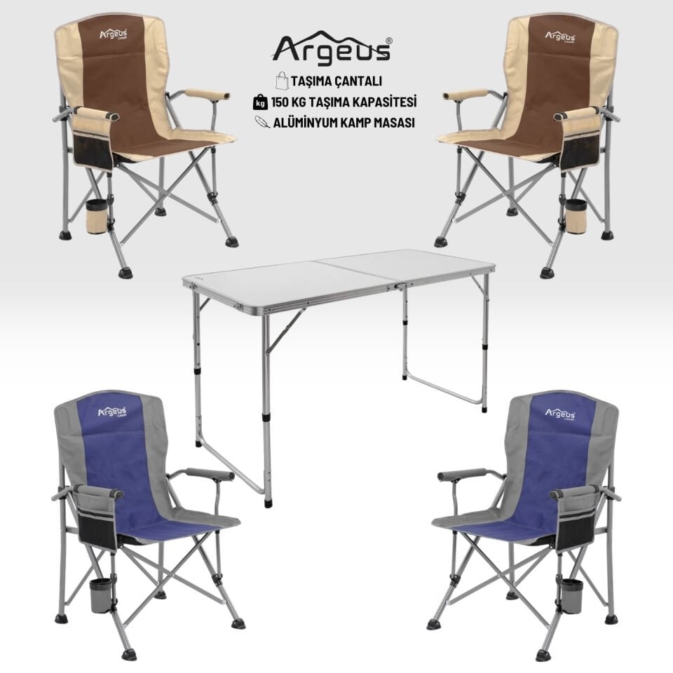 4 Adet Katlanır Kamp Sandalyesi ve Alüminyum Masa Seti - Rustic - Elevate Beyaz