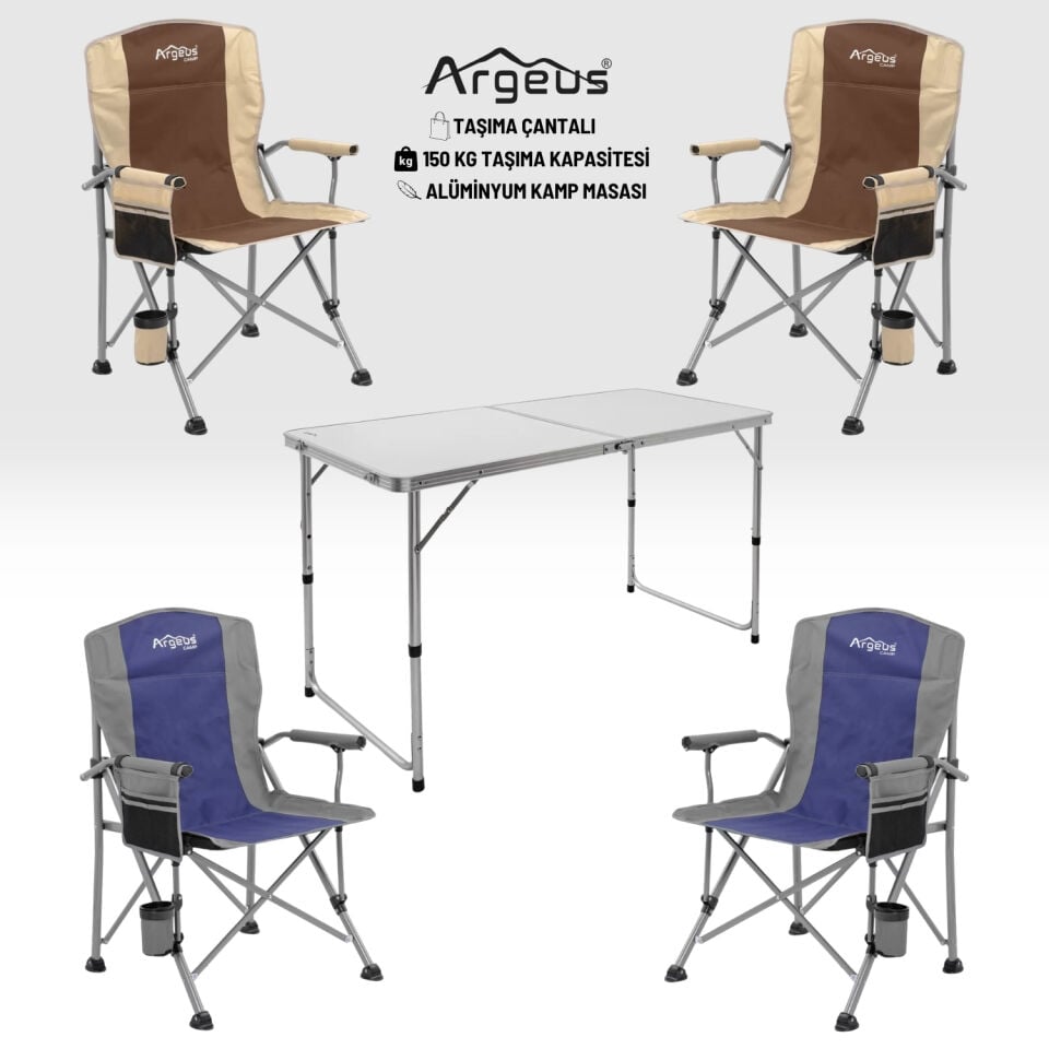 4 Adet Katlanır Kamp Sandalyesi ve Alüminyum Masa Seti - Rustic - Elevate Beyaz