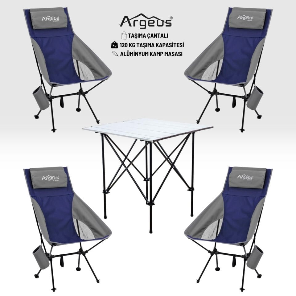 4 Adet Katlanır Kamp Sandalyesi ve Alüminyum Masa Seti - Aero Silver - Mavi