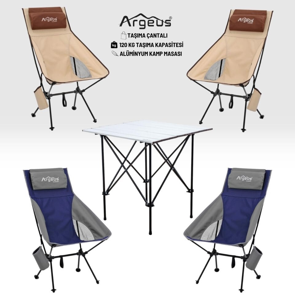 4 Adet Katlanır Kamp Sandalyesi ve Alüminyum Masa Seti - Aero Silver - Mavi/Kum