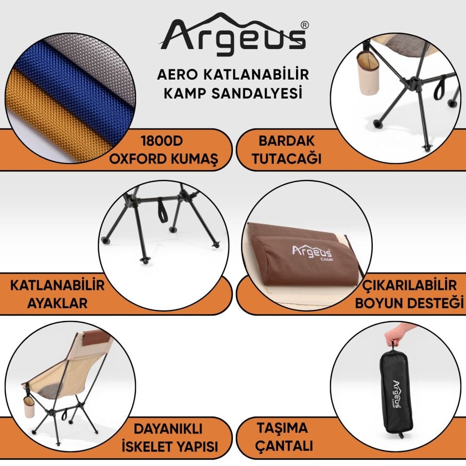 2 Adet Katlanır Kamp Sandalyesi ve Alüminyum Masa Seti - Aero Dark - Kum/Mavi