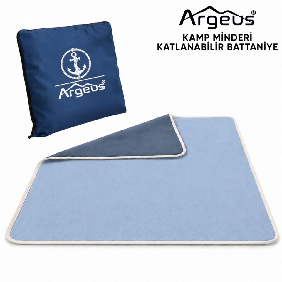 Kamp Minderi & Katlanabilir Kamp Battaniyesi - Argeus - Çapa Nakışlı - Mavi
