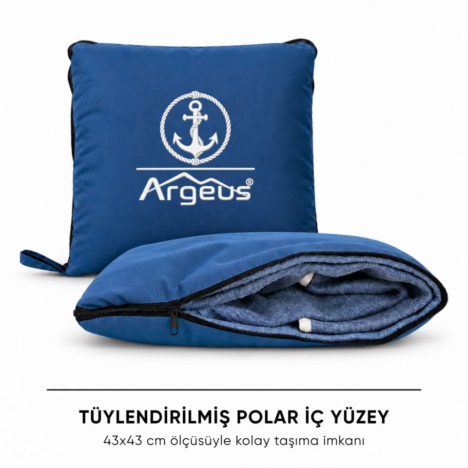 Kamp Minderi & Katlanabilir Kamp Battaniyesi - Argeus - Çapa Nakışlı - Mavi