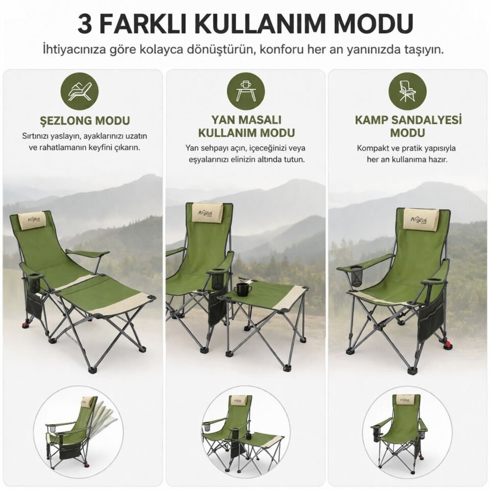 2 Adet Şezlong Kamp Sandalyesi ve Masa Seti - Plaj Seti - Lounge Elevate
